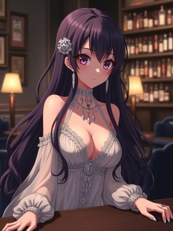 Image features an anime woman with long dark violet hair and expressive eyes. Her fair skin contrasts with an off-white elegant dress that has a deep V-neck. She wears ornate silver jewelry and appears pensive. The background indicates a dimly lit bar or restaurant with warm, soft lighting.