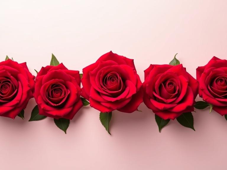 Five vibrant red roses arranged in a horizontal row. Roses viewed from above, tightly placed without gaps. Each rose fully bloomed with detailed petals. Soft pink background is minimal. Designed for baby song karaoke videos.
