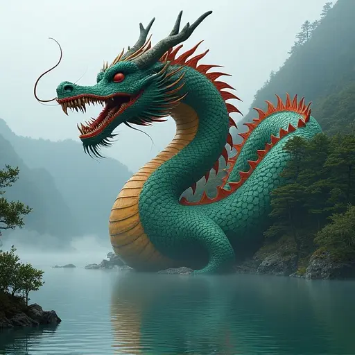Nine-headed dragon emerges from Lake Ashi in Hakone. Lush greenery surrounds the lake. Dramatic mountainous background provides a mystical atmosphere. Dragon has intricate scales and colorful features. Soft natural lighting enhances the scene. Viewer perspective focuses on dragon's majestic presence.