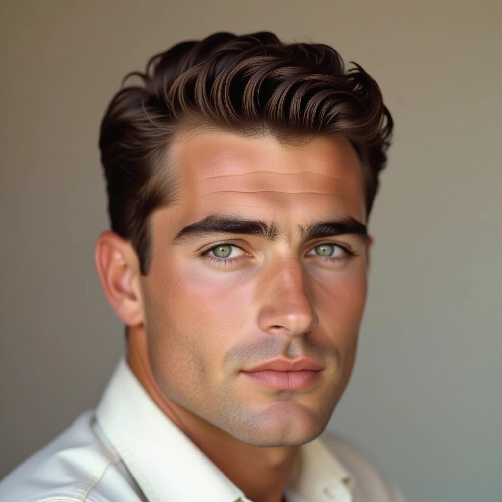 Portrait captures a 33-year-old man in semi-profile. He has steel-gray eyes and dark brown hair styled in a slightly messy crew cut. The hairstyle reflects late 1950s French fashion. He has a bony structure with a prominent chin. Clean-shaven with a wide mouth and thin lips.