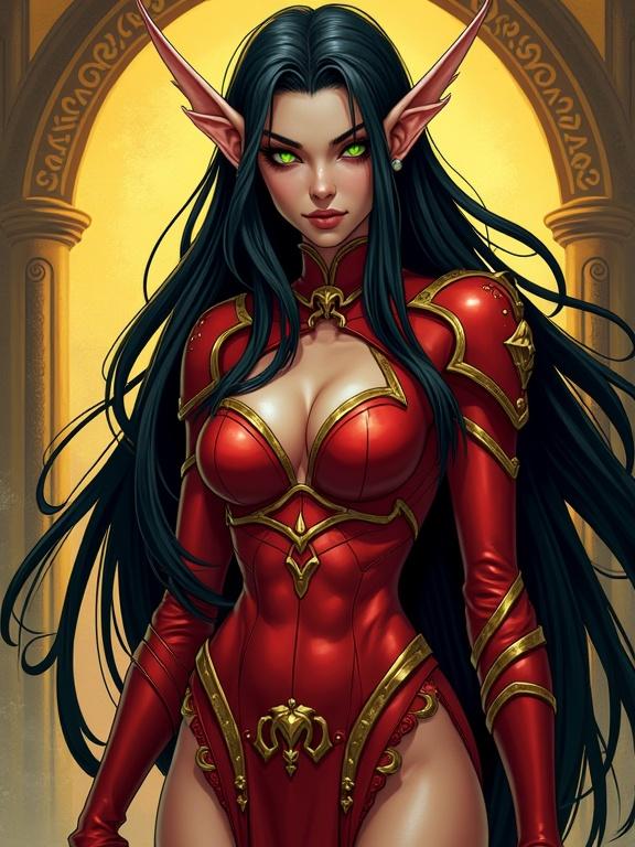 A beautiful female blood elf with long black hair and glowing green eyes. She has sharp elven ears and a curvy figure. Wears revealing red armor with gold trim. Background features golden arches and mystical runes. High detail fantasy comic art.