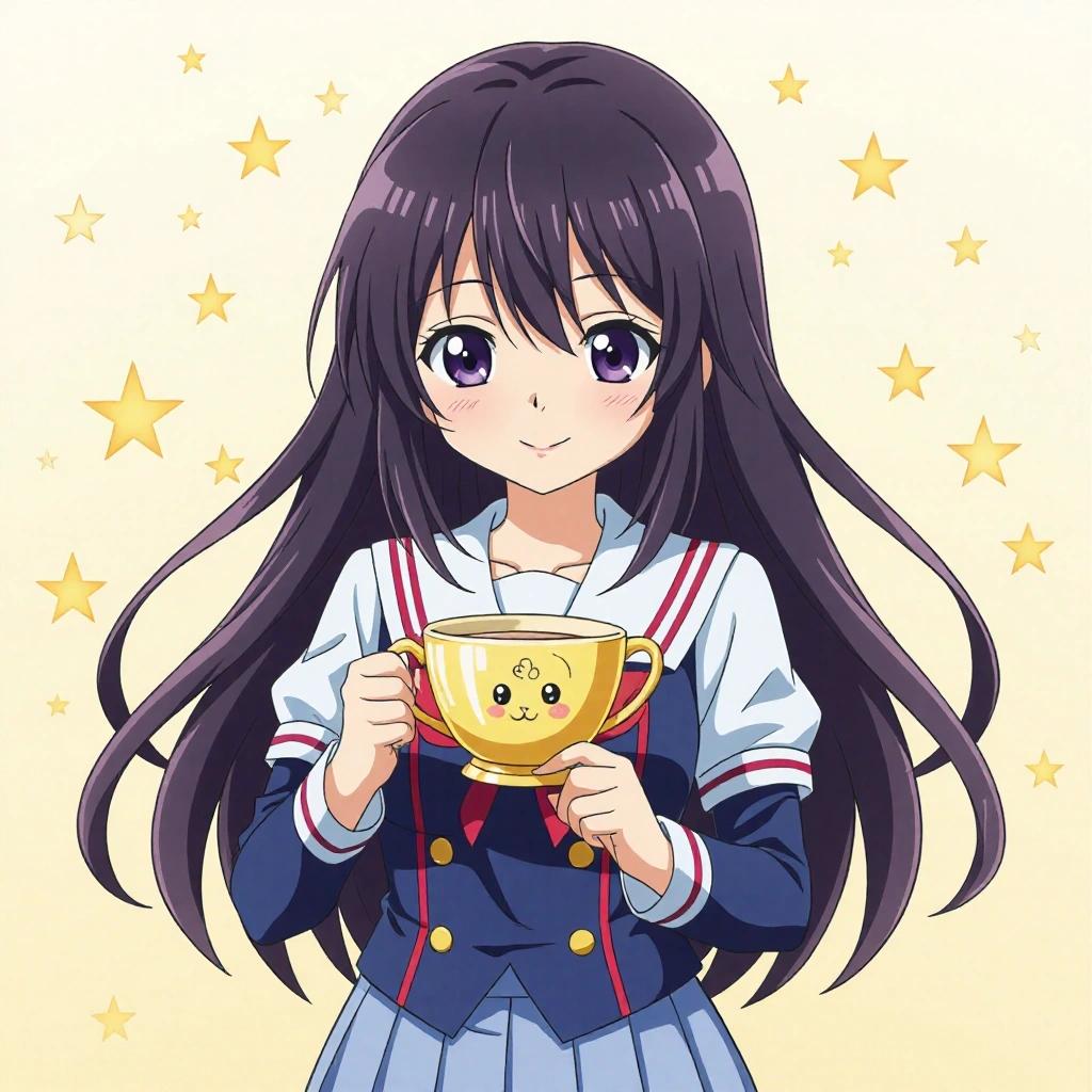 Anime girl in a school uniform holding a cute cup. Cheerful expression with long flowing hair. Starry background adds a playful touch.