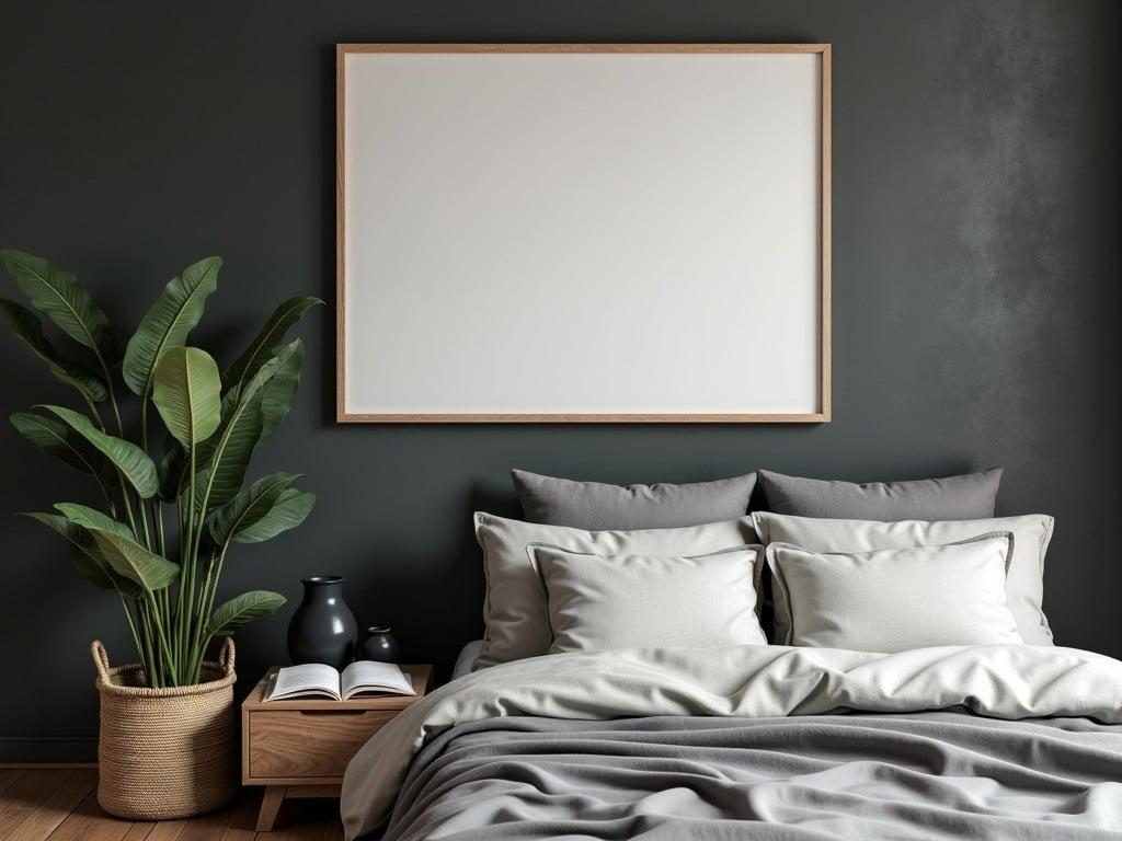 A cozy bedroom scene featuring a large blank frame hanging on a dark, textured wall. Next to the frame is a tall, leafy houseplant in a woven basket, adding a touch of nature to the space. The bed is dressed in soft gray and white bedding with plump pillows for comfort. A rustic wooden nightstand is positioned beside the bed, displaying a small black vase and an open book. The wooden floor is visible, giving the room a warm and inviting atmosphere.