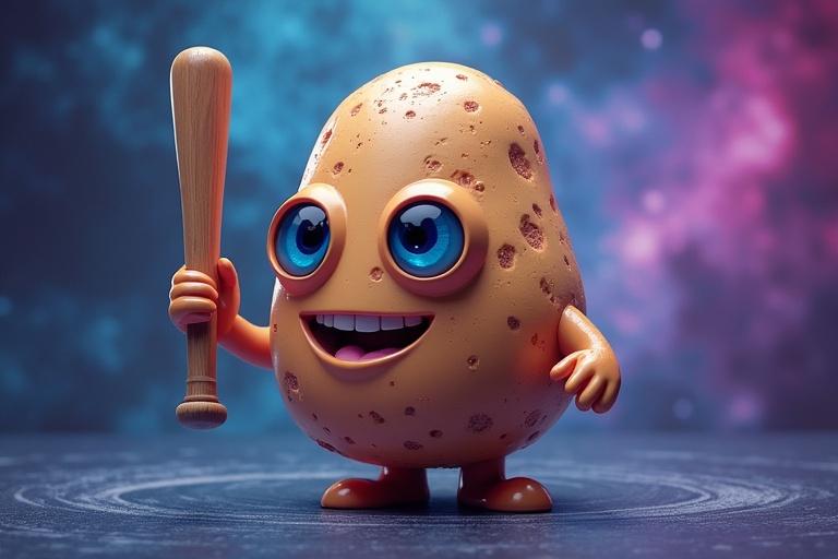 Imaginary creature resembling a potato with blue eyes and a smiling mouth. Backdrop features a colorful cosmic gradient. Character holds a baseball bat. Emphasizes a quirky emotional expression.