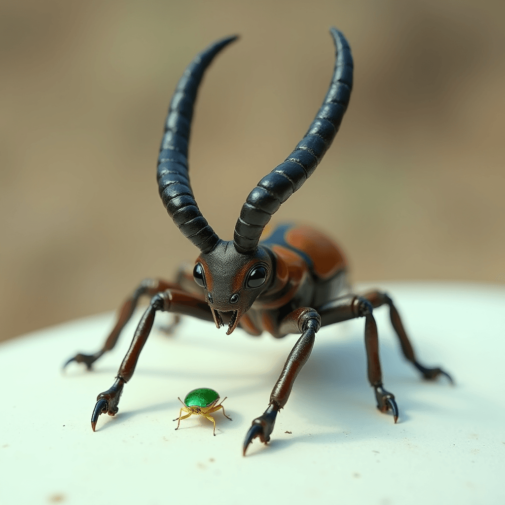 A large horned beetle faces a smaller green insect with curiosity, set against a blurred natural background.