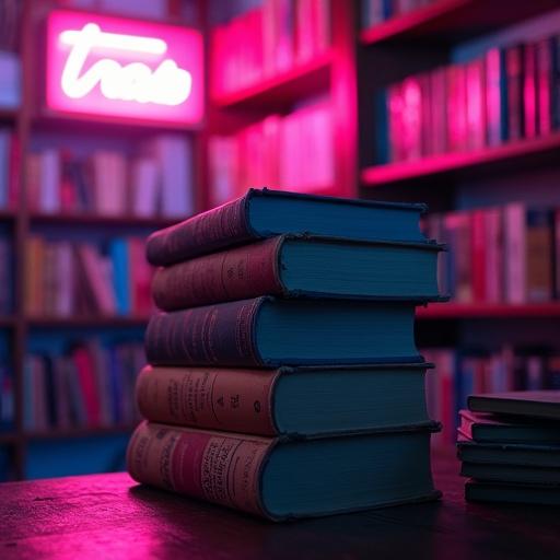 A stack of old books under neon lighting in a quiet bookstore. Pink and blue glow create a peaceful night mood with shadows between shelves. Cinematic lighting captures the ambiance. Wide angle perspective shows the atmosphere.