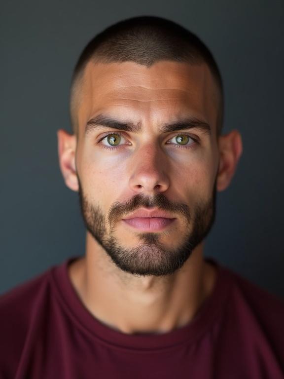 Studio portrait photograph of a young man with green eyes. Features a semi-groomed beard and closely shaved head. Wears a deep burgundy t-shirt. Good complexion enhances the portrait.