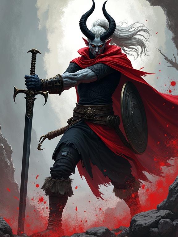 Anime-style digital illustration of a tall male tiefling mid-swing with a black longsword. He has ash-gray skin and amber glowing eyes. Long silver hair from a high ponytail. Sleek black curved horns. Wearing a chainmail shirt and red cloak. A shield on his back. Non-photorealistic with blood splashing. In dynamic action pose with intense lighting, bold cel-shading and stylized shadows. Inspired by graphic novels and Borderlands.