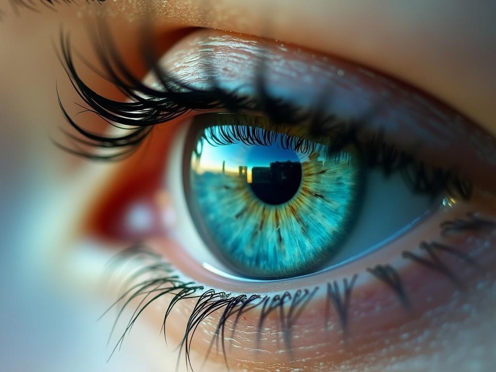 A close-up view of a detailed and beautiful turquoise eye. The eye features rich colors and intricate patterns in the iris.
