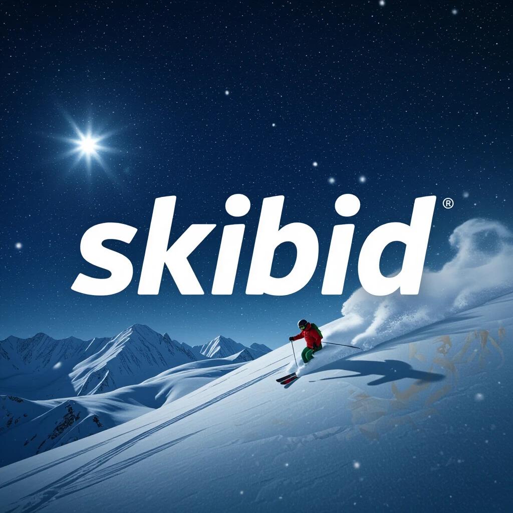 A skier rides down a snowy slope at night under a starry sky. The word 'skibid' is prominently displayed over the image. Snow-covered mountains are in the background.