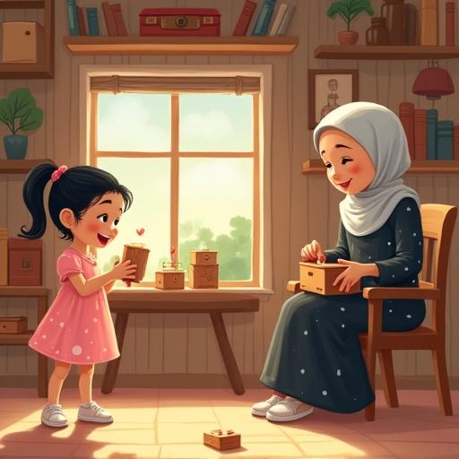 Soft illustrated cartoon-style scene of a cozy grandmother's room with wooden shelves and vintage boxes. A young girl holds a wooden box and shows curiosity. Her grandmother sits nearby stitching and smiling. Bright sunlight enters through a window, creating a warm atmosphere. Leave space at the top for a title.