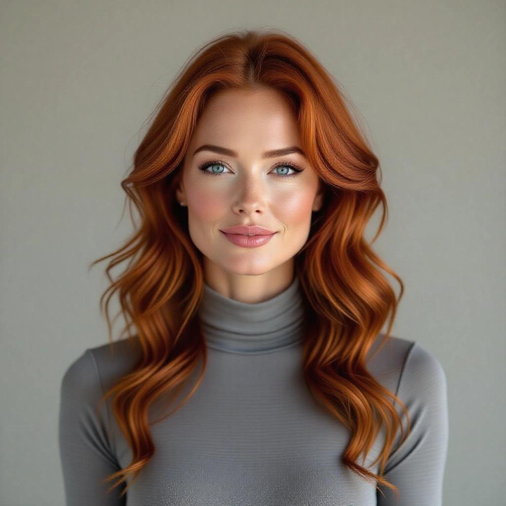 Photorealistic portrait of a woman. She has long tousled wavy red hair and blue eyes. Full lips and natural skin texture with visible pores. Head slightly tilted with subtle smile lines and light crows feet. Wearing a grey form-fitting bodysuit against a grey backdrop. Sharp focus, even studio lighting.