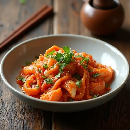 A highly detailed visually appealing image of the dish 간장게장 which is a traditional Korean dish made with soy sauce marinated raw crab. The dish is served on a plate garnished with fresh cilantro, highlighting the vibrant colors and textures of the crab and vegetables.