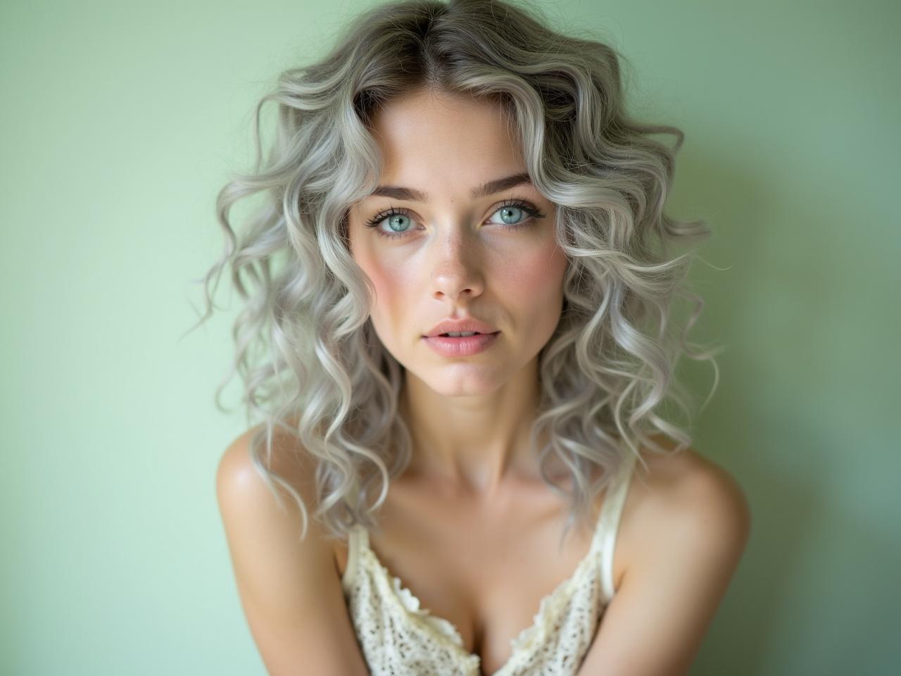 The image features a young woman with curly, silver hair and striking blue eyes. She has a neutral expression and is looking directly at the camera. The background consists of a soft, pale green that complements her hair color. The woman is wearing a delicate, light-colored lace top, giving the photo a soft and intimate vibe. The lighting is natural and enhances her features, creating a serene and graceful atmosphere.