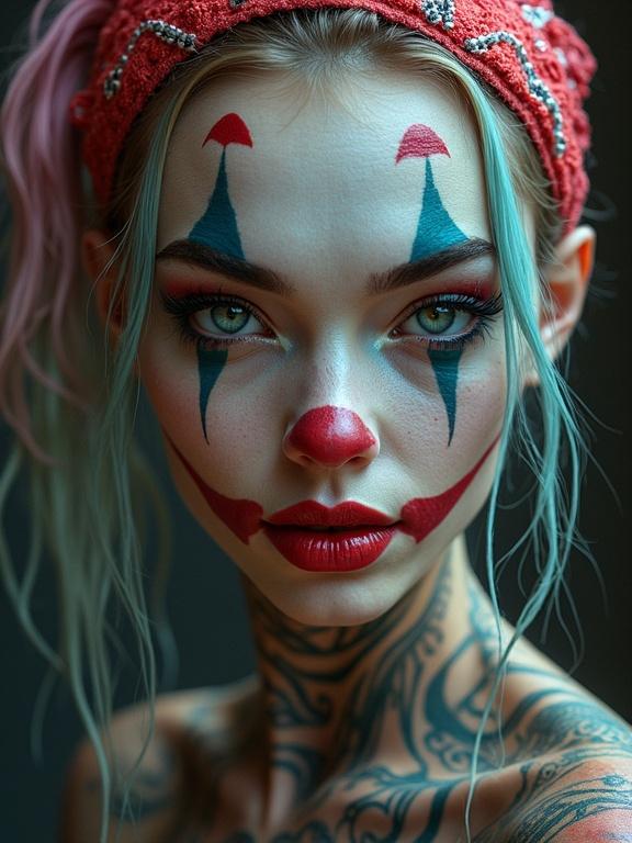 Digital portrait of a young woman in stylized clown makeup with elaborate skin tattoos. Artwork features futuristic and detailed elements. Use of vibrant colors and focused lighting enhances the image.