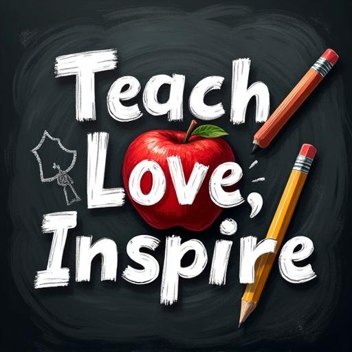 Bold t-shirt design for teachers featuring a chalkboard-style background with red apple and yellow pencil drawn in chalk-like texture included text 'Teach, Love, Inspire' in clean white sans-serif font centered on transparent background high-contrast Vincent van Gogh art style for classroom vibe high resolution