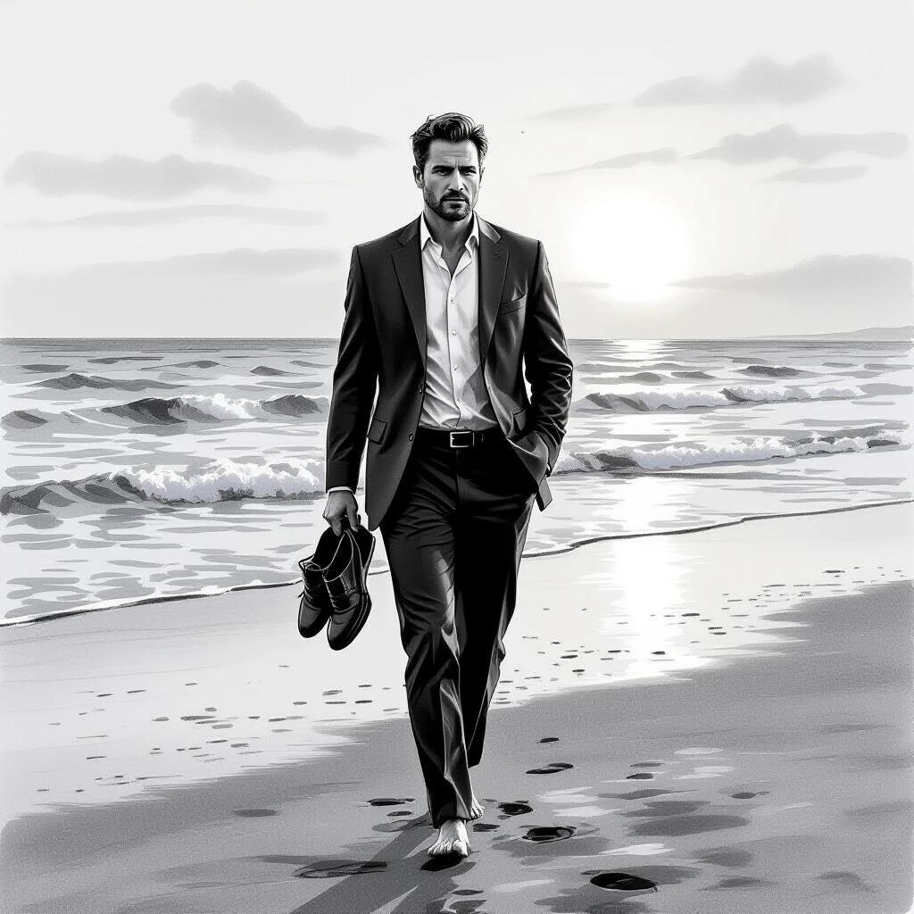 Charcoal drawing of a man walking on the beach in a suit. He walks barefoot holding his shoes. The atmosphere is thoughtful with calm waves and a sunset in the background.