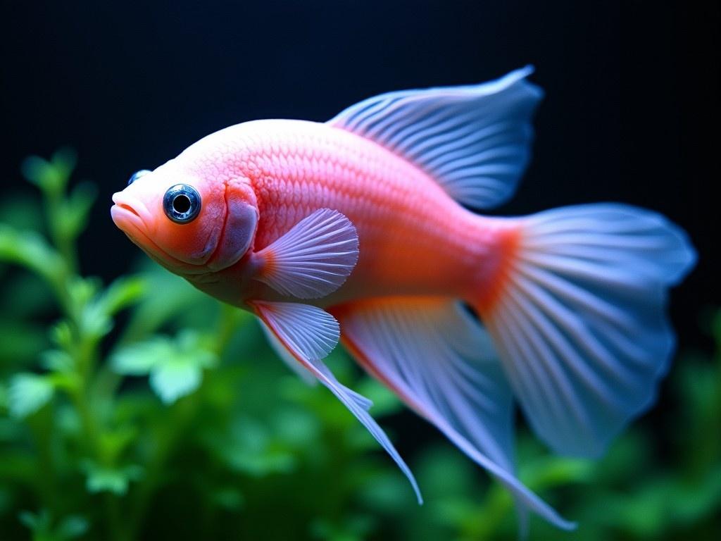 The image features a vibrant aquarium fish swimming gracefully through water. The fish is primarily light pink, showcasing intricate patterns on its body and a long, flowy tail that enhances its beauty. It's set against a darker background, almost black, which accentuates the colors of both the fish and the plants surrounding it. The environment includes soft green aquatic plants, contributing to a peaceful underwater scene. This serene setting emphasizes the grace and elegance of the fish as it moves effortlessly through its habitat.