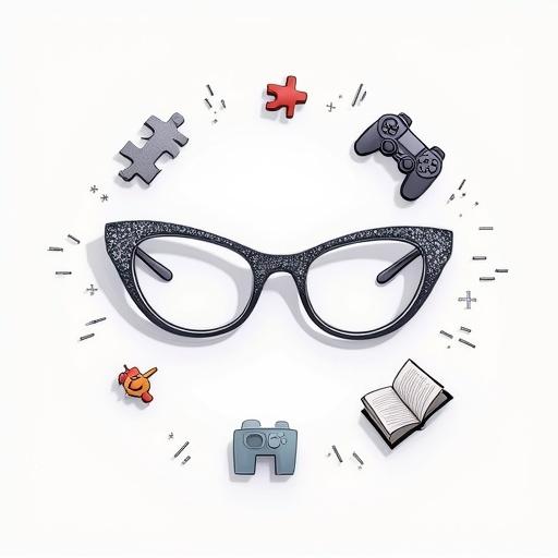 Minimalist illustration of silver-framed cat-eye glasses. Surrounding glasses are symbols like PlayStation controller, puzzle piece, book, PowerPoint clicker. Design focuses on educational and soft skills with gamification. Clean and professional style.