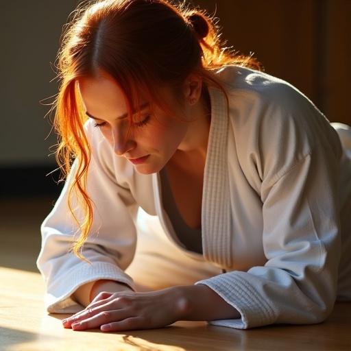 Close-up of a kneeling karate fighter with elbows touching the floor. She leans forward and looks down. Long red hair slightly damp. Wearing a traditional karate gi. Sunlight reflects on wooden dojo floor.