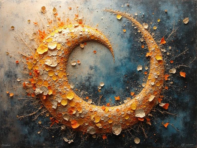 3D multi-layered abstract artwork featuring a crescent moon shape. Textures created with mixed media elements including newspaper, jute fibers, wood, sand, glittering confetti, and origami. Vibrant luminous colors and a sense of depth achieved through thick layers. The composition is beautiful and stunning, evoking a magical feel.