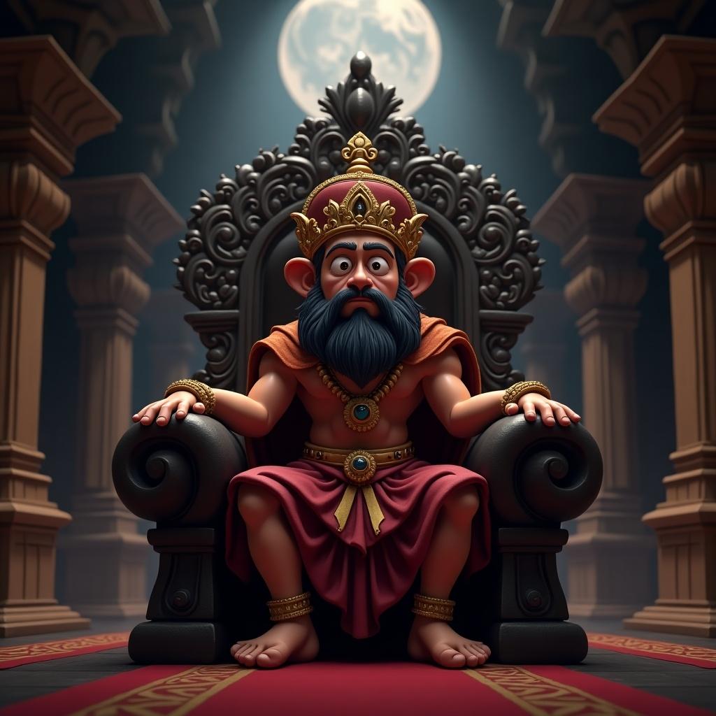 3D cartoon-style depiction of a king sitting on a grand throne. Intimidating expression. Background features intricate Indian-style architecture. Atmosphere is dark and foreboding.