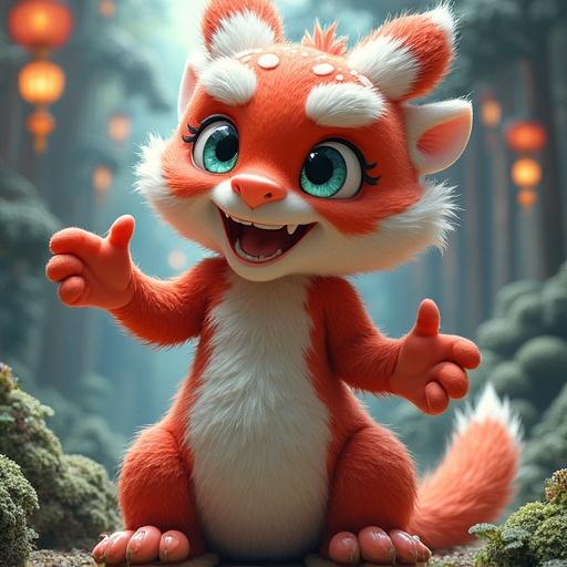 Animated character resembling an orange cat with large expressive eyes and fluffy fur standing in a playful pose. Character is smiling and has a friendly appearance. Soft colorful background with a whimsical quality.