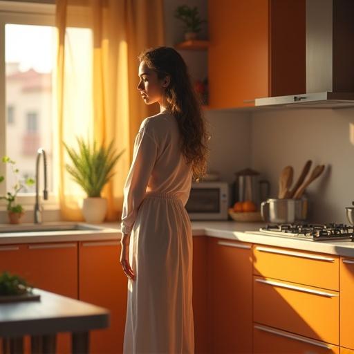 A realistic Egyptian woman stands in a stylish modern kitchen. Sunlight streams through the window. She looks confused about what to cook for breakfast. The kitchen has a clean appearance with vivid colors. The woman wears modest and fashionable clothing. The scene is warm and relatable.