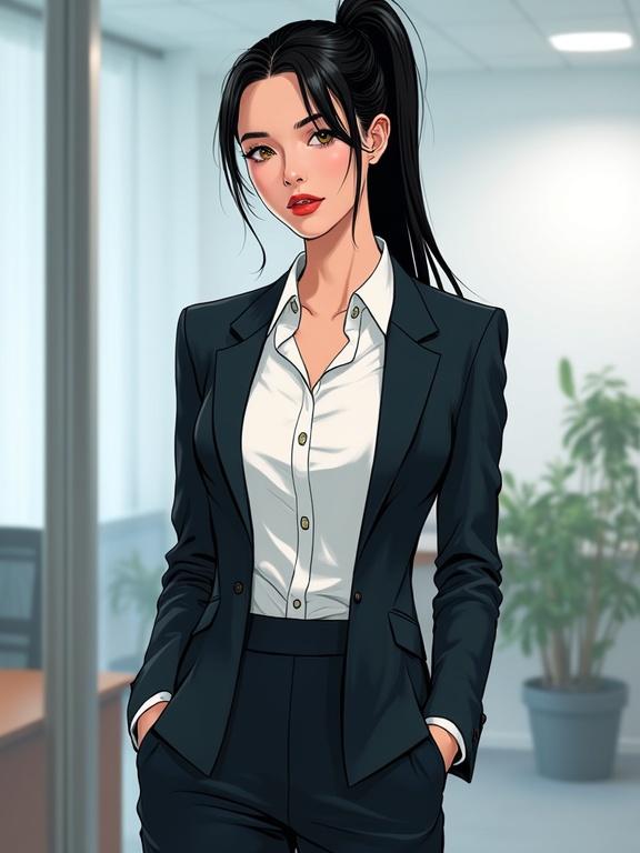 Upper body portrait of a young adult female in a business environment. Lean figure with sharp features and dark eyes. Dressed in a dark-colored business suit and a crisp white blouse, paired with a knee-length pencil skirt. Standing confidently with hands in pockets. Office setting in the background with green plants.