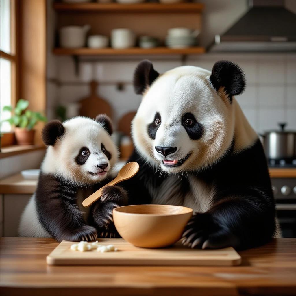 A realistic depiction of a panda cub and its father enjoying cooking together in a cozy kitchen. A wooden spoon is held by the cub. Natural light illuminates the warm setting. The scene conveys a sense of family and tenderness.