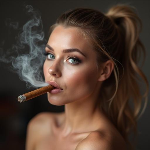 A person smokes a Cuban cigar while exhaling smoke. The person has a ponytail. The shot is intimate and focuses on a seductive pose. The backdrop gives an artistic feel with soft light.