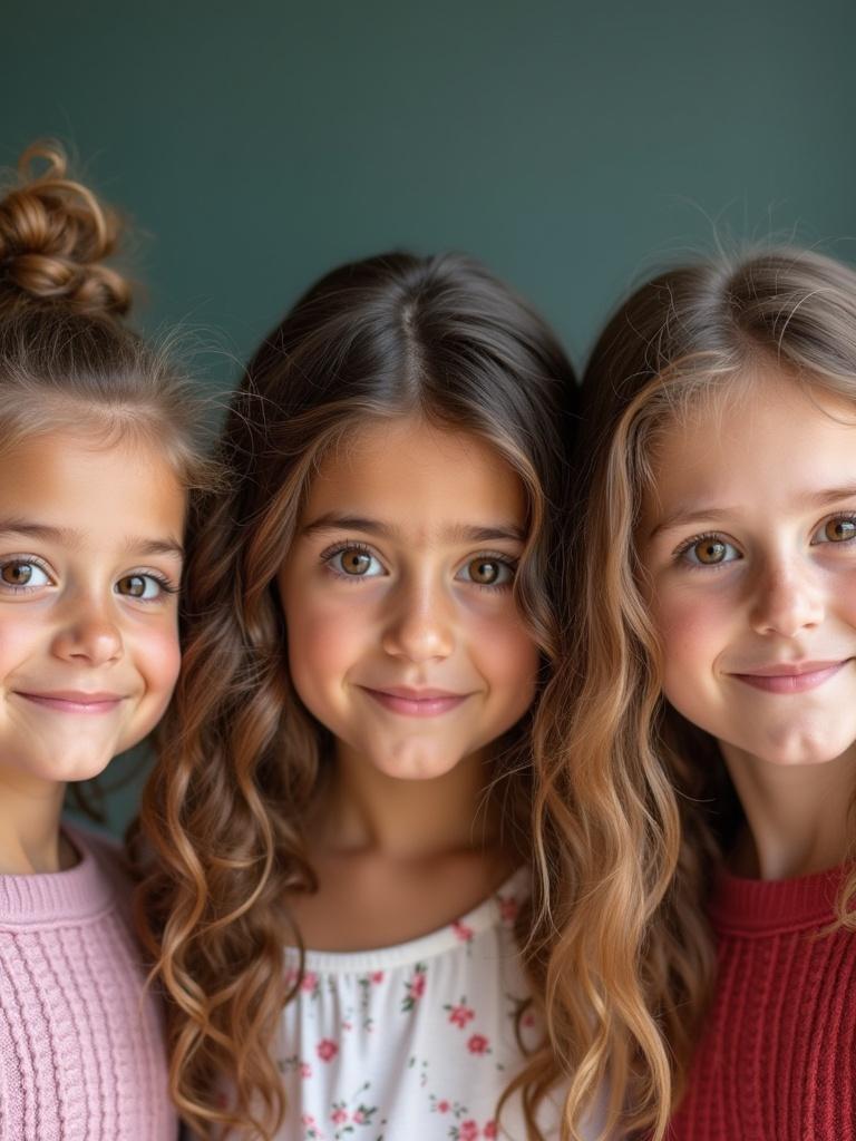 Three girls with different hairstyles and brown eyes pose together. They are wearing different colored sweaters. The background is a muted green. They look friendly and cheerful.