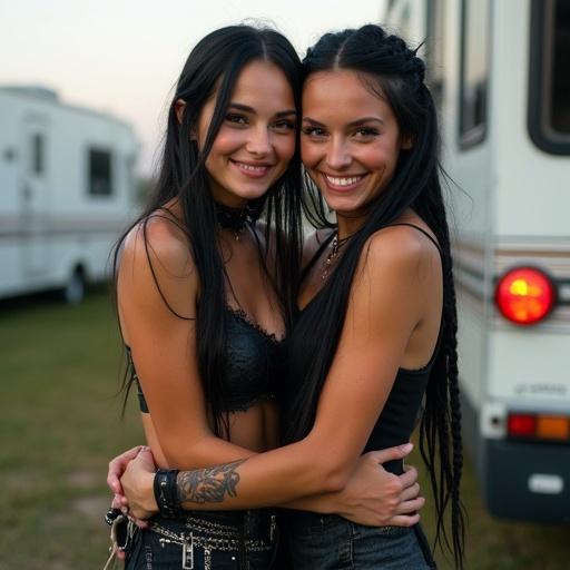 Two goth-punk women hugging joyfully in an RV park. They are barefoot and smiling. One woman has two braids. Background features RVs.