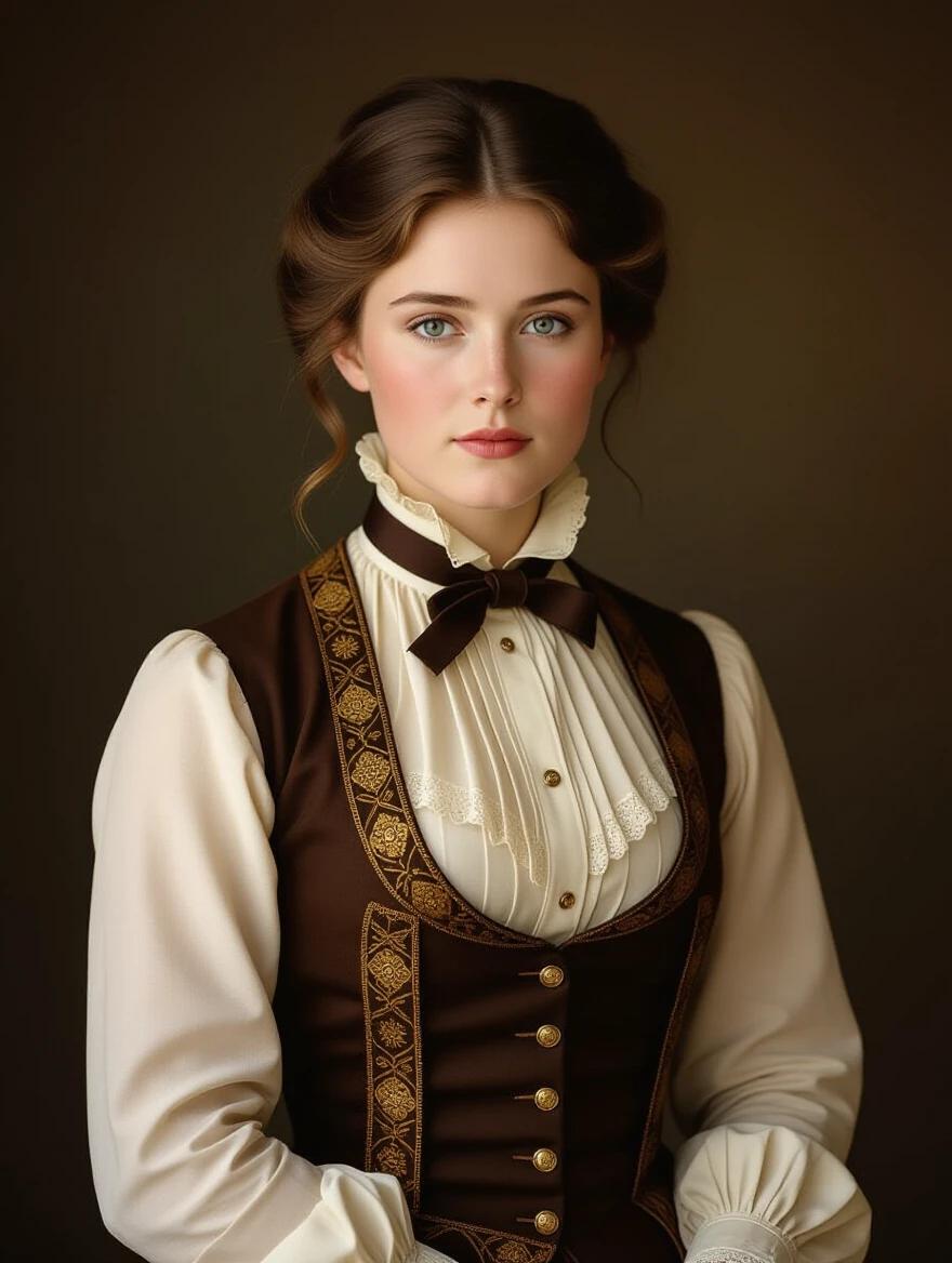 Realistic portrait of a 19th-century figure in vintage attire. The figure wears period clothing. The background is dark and painterly. Soft dramatic lighting enhances the features. The figure looks directly at the camera with a calm expression. High degree of realism with detailed textures. Ultra-realistic historical photography style. Vintage film color grading. 9:16 aspect ratio.