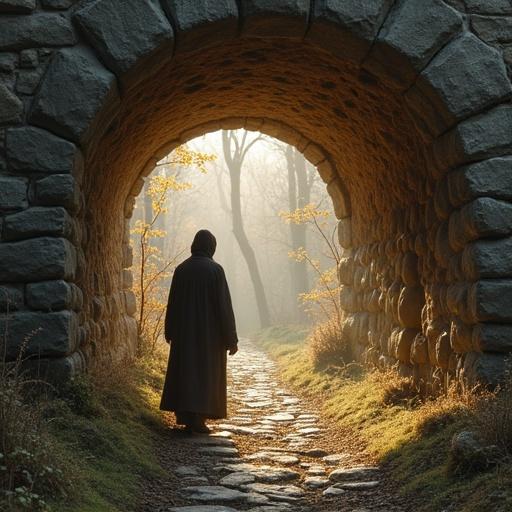 A cloaked figure stands at the entrance of an ancient stone archway. The scene is set in a misty, enchanted forest with soft, diffused lighting creating a mystical atmosphere. The pathway leads into the woods, surrounded by gentle greenery and golden light.