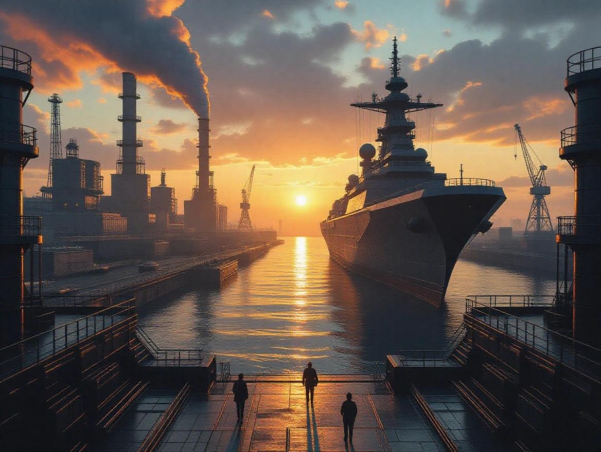 Cinematic depiction of a large industrial area with smokestacks and tall cranes. A massive silhouette of a starship battlecruiser is visible in the background, along with metal platforms and structures. The scene is set during sunset, featuring realistic details and a dramatic sky.