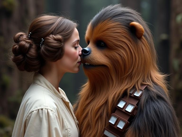 A scene depicting an affectionate moment between a character resembling Princess Leia and a character resembling Chewbacca. The background features tall trees and foliage, creating an engaging atmosphere.