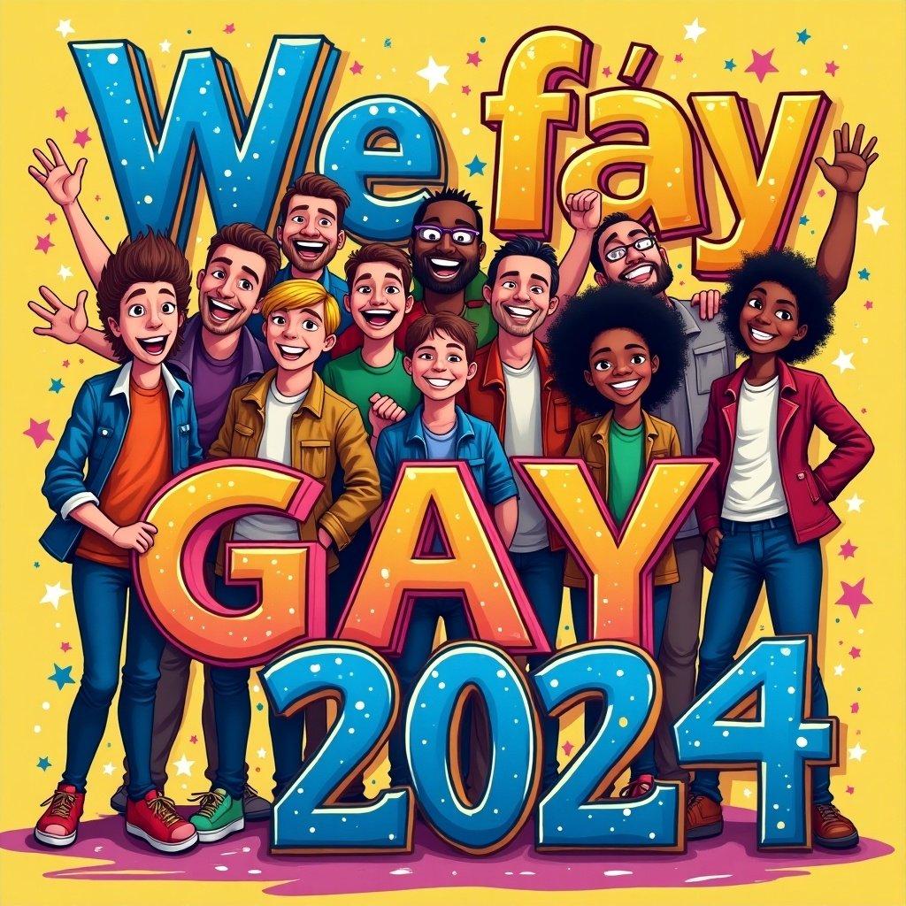 Graphic design for an LGBTQ+ celebration featuring diverse individuals. Colorful text with support for Pride 2024.