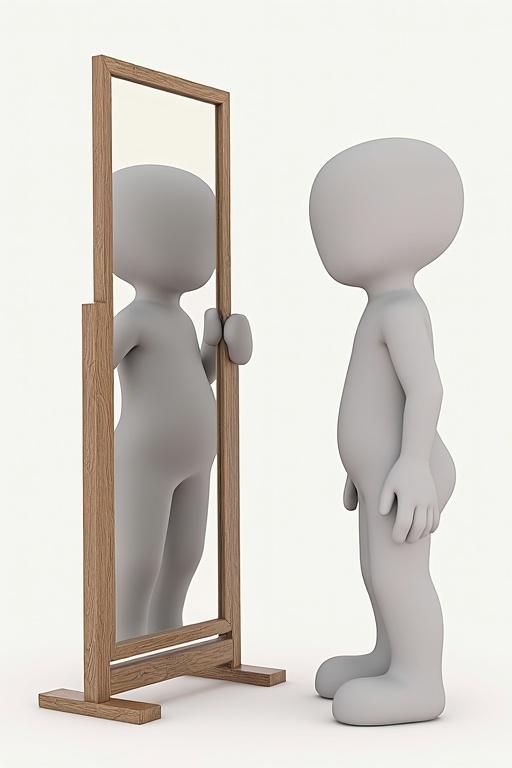 A stickman character facing a mirror. The mirror is tall and rectangular. The character appears serious. The background is plain and light. The character's body is gray and lacks features. The mirror reflects the character's image.