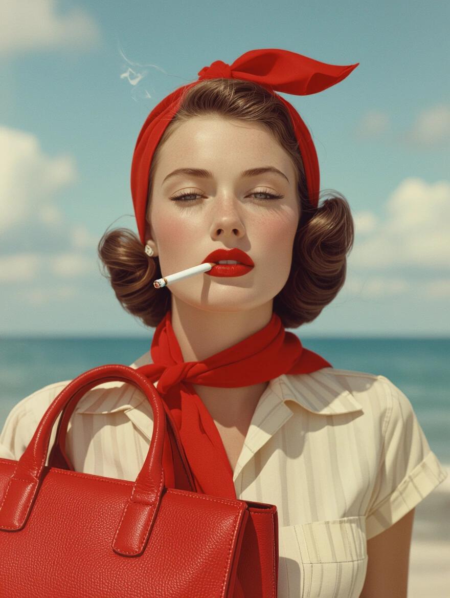 Vintage woman photographed in summer setting. Wearing red scarf and holding a red handbag. Background features sea and clouds. Soft sunlight enhances the warm look. Medium shot provides a classic feel.