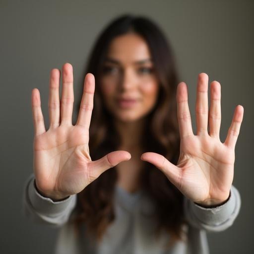 Photo featuring a woman holding up her hands in front of her face. Soft lighting and neutral background create an inviting atmosphere.