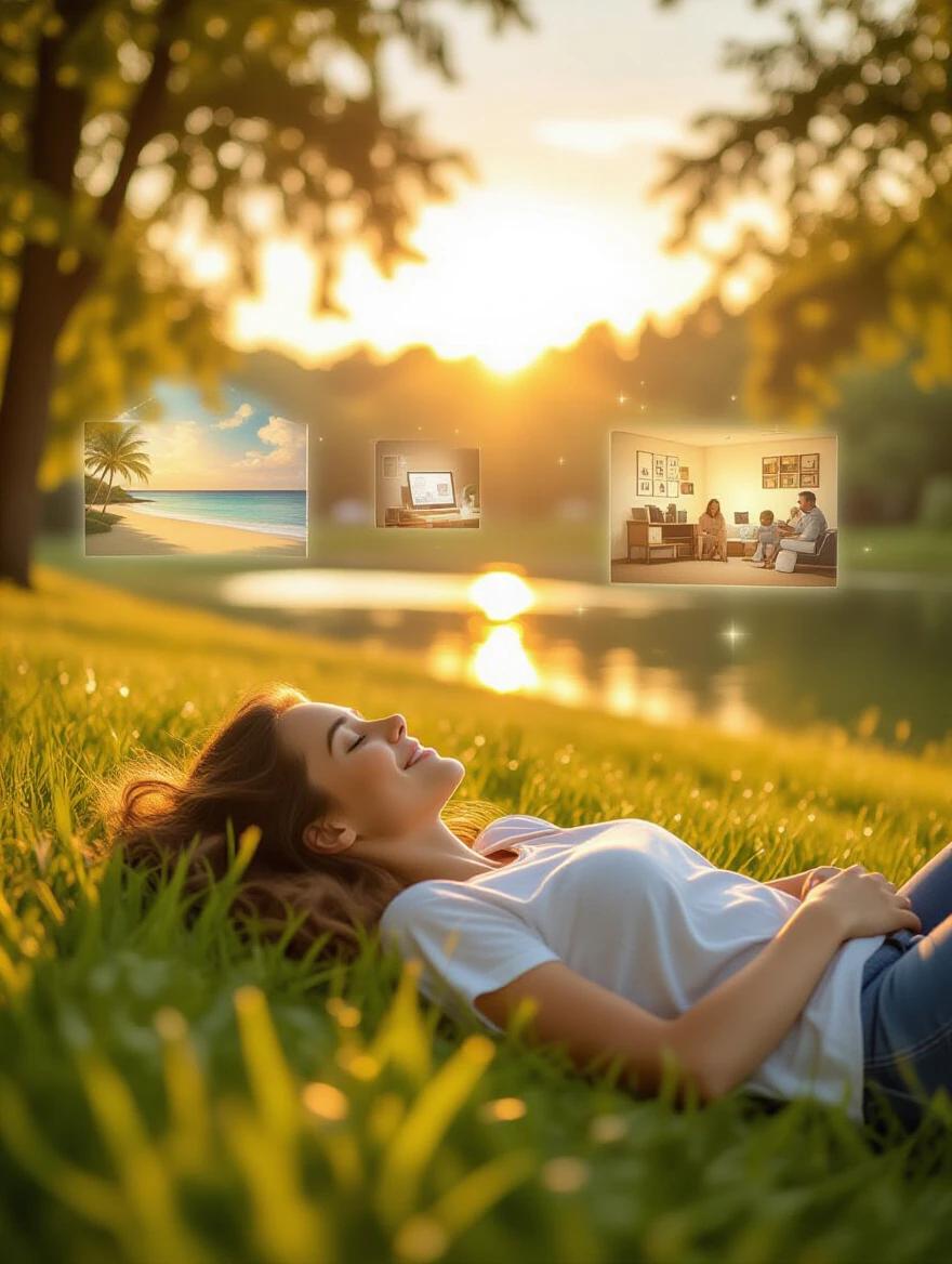 Person lying on grassy hill in peaceful park. Eyes closed with serene smile. Sun setting in background. Warm golden glow casts over scene. Translucent images of dreams nearby. Home by the beach, workspace with creative tools, family gathering. Lush green park with swaying trees and calm lake. Realistic photography with vivid colors. Essence of dreaming and peace.