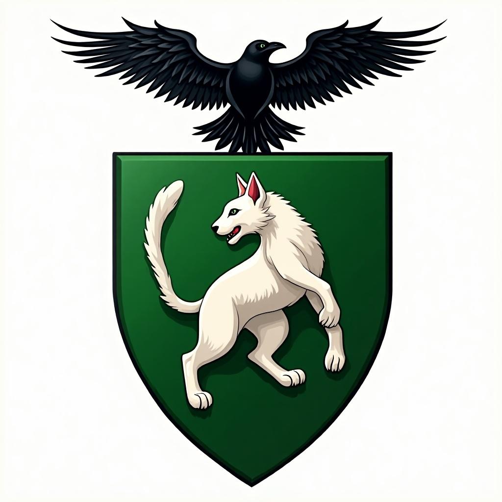 This image features a family shield prominently displaying a lynx cat in action on an emerald green background. Above the lynx, a majestic black raven is flying, its wings spread wide, contributing to the strength and agility theme of the shield. The vibrant colors evoke a sense of pride and heritage. The shield's design reflects a blend of nature and familial symbols. This artistic representation would resonate well with those interested in family heritage or unique artistic designs.