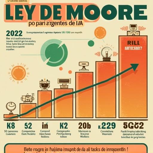 Infographic titled 'Una nueva Ley de Moore... pero para agentes de IA.' Illustrates increase in AI agents' working durations from 2022 to 2029. Shows tasks evolving from 30 seconds to a full month. Features bold, vintage design in warm orange, beige, and green tones.