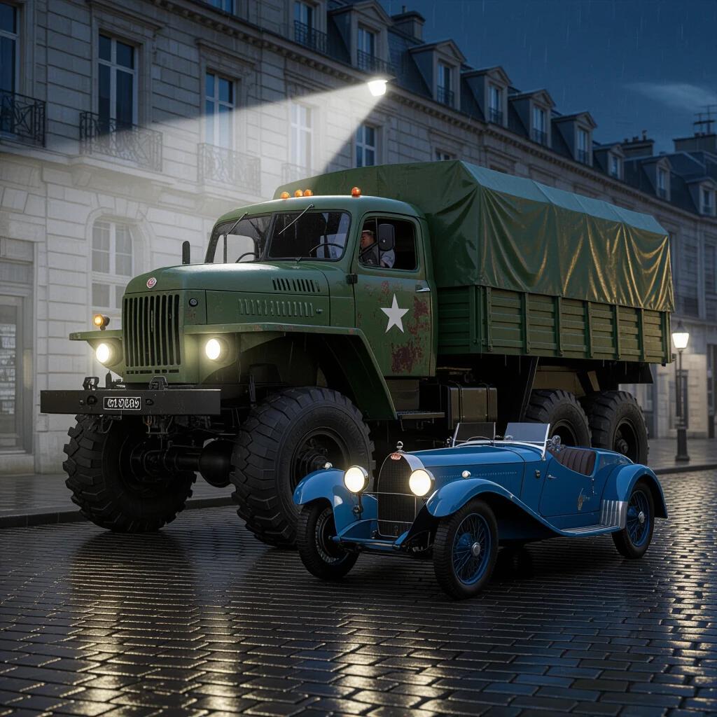 Night scene in Waterloo 2025 featuring a colossal Soviet military truck and a sleeping Bugatti Type 35. Reflective rain-slicked cobblestones under sodium-vapor lamps. Large truck dominates scene with bright headlights illuminating the surroundings. Truck shows heavy rust with olive green paint while Bugatti has a polished racing blue look. A military driver is visible in the truck's cabin. The atmosphere includes post-rain mist and holographic ads reflected in puddles.