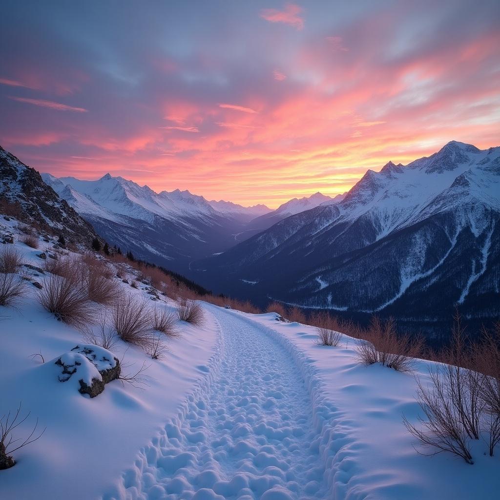 A snowy mountain path invites viewers into a tranquil landscape. The scene is bathed in the warm colors of a breathtaking sunset. Majestic mountains frame the view, showcasing their towering presence. Snow blankets the ground, creating a serene environment. This picturesque moment captures the beauty of nature's contrasts.