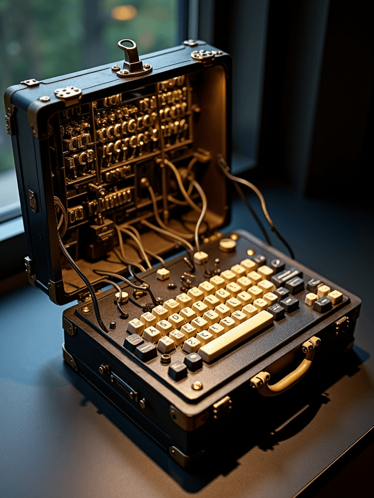 A suitcase is open to reveal an intricate setup resembling an old-fashioned encryption machine with keys and wires.