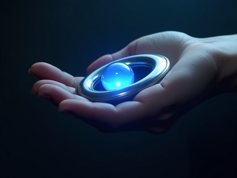 Hand holding a metallic alien device with glowing blue sphere. Realism with details and textures. Dark blue atmospheric background.