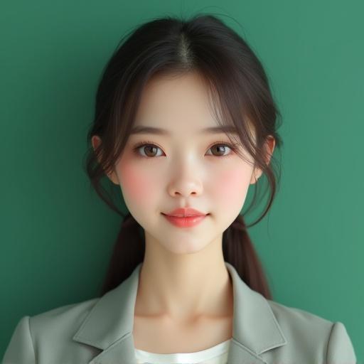 Photorealistic digital portrait featuring a young Asian woman. She has fair skin and delicate features with brown eyes. Her straight brown hair is styled in two low pigtails. The woman wears a light grey blazer over a white top against a solid green background. She displays a neutral expression with slightly parted lips. The soft lighting accentuates her smooth skin and subtle makeup. The image has a dreamy, soft-focus effect, highlighting her gentle and youthful look. The artistic style emphasizes realism and detail in hair, fabric, and skin textures.
