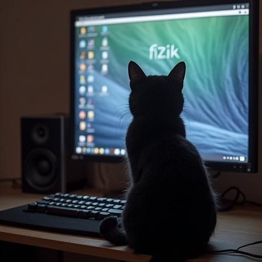 A cat sits in front of a computer monitor. The monitor displays a file explorer with the inscription fizik. The environment is dimly lit with a focus on the monitor screen and the cat's silhouette.